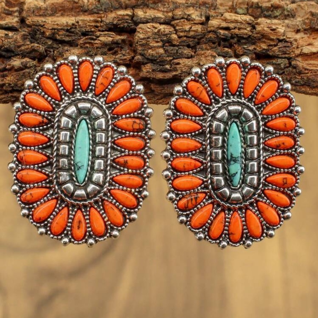 Western Oval Turquoise, Simulated, Orange Stone Bohemian Style, Cowgirl Earrings